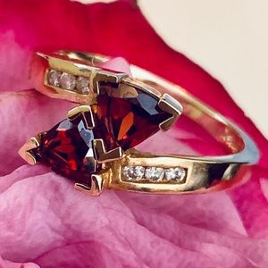 14K Gold Garnet & Diamond Bypass Ring -  size 6.75